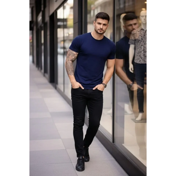 MARSiLYAN- Erkek T-Shirt Bisiklet Yaka Slim Fit Dar Kesim Likralı Tişört Günlük Basic Body - Lacivert