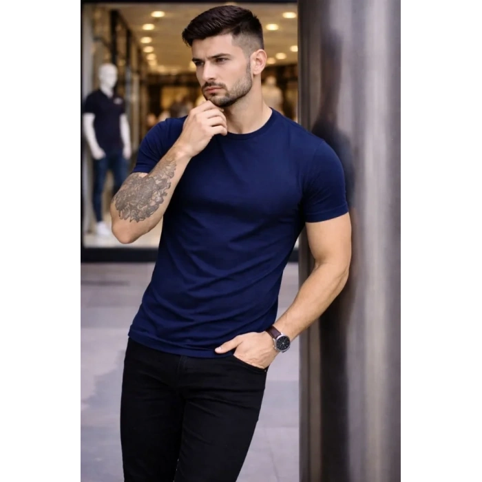 MARSiLYAN- Erkek T-Shirt Bisiklet Yaka Slim Fit Dar Kesim Likralı Tişört Günlük Basic Body - Lacivert