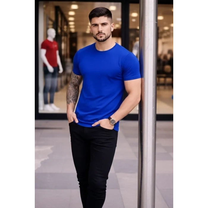 MARSiLYAN- Erkek T-Shirt Bisiklet Yaka Slim Fit Dar Kesim Likralı Tişört Günlük Basic Body - Saks Mavisi