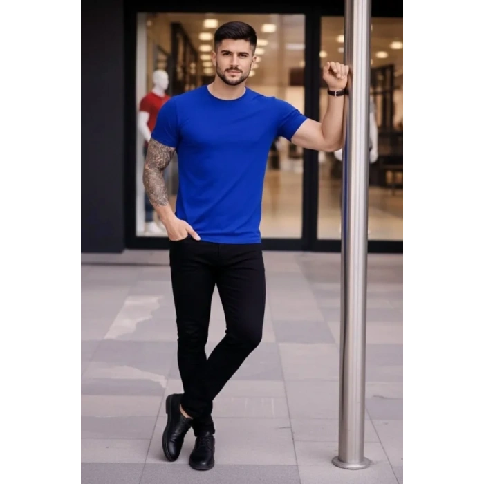 MARSiLYAN- Erkek T-Shirt Bisiklet Yaka Slim Fit Dar Kesim Likralı Tişört Günlük Basic Body - Saks Mavisi