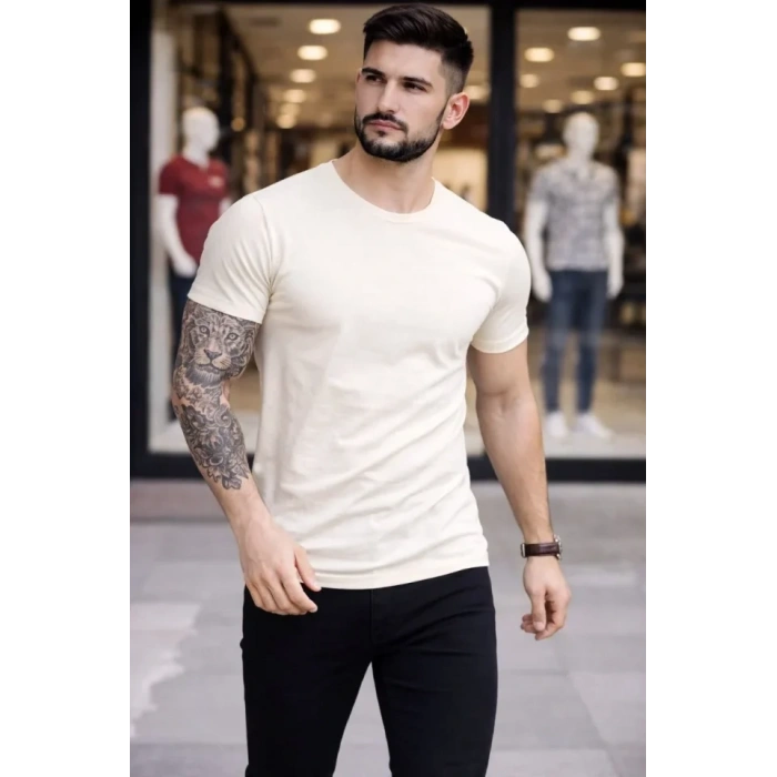 MARSiLYAN- Erkek T-Shirt Bisiklet Yaka Slim Fit Dar Kesim Likralı Tişört Günlük Basic Body - Taş