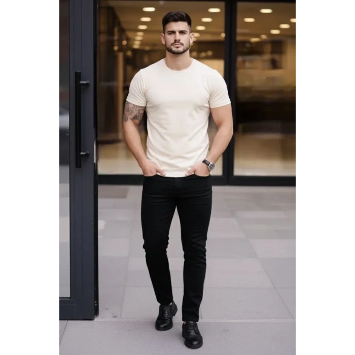 MARSiLYAN- Erkek T-Shirt Bisiklet Yaka Slim Fit Dar Kesim Likralı Tişört Günlük Basic Body - Taş