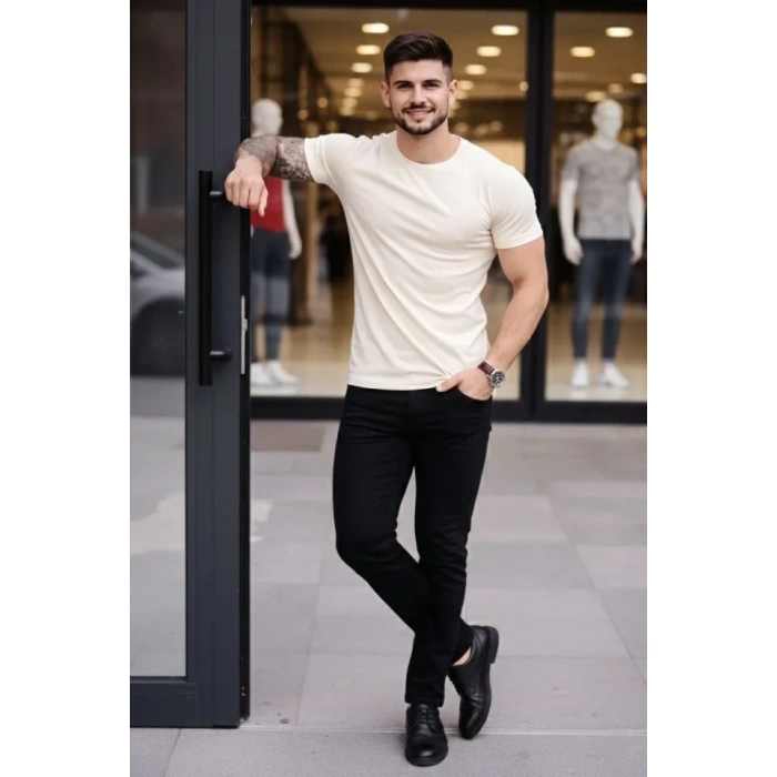 MARSiLYAN- Erkek T-Shirt Bisiklet Yaka Slim Fit Dar Kesim Likralı Tişört Günlük Basic Body - Taş