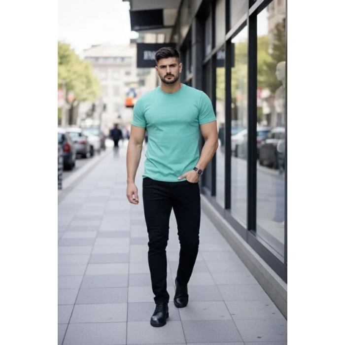MARSiLYAN- Erkek T-Shirt Bisiklet Yaka Slim Fit Dar Kesim Likralı Tişört Günlük Basic Body - Turkuvaz