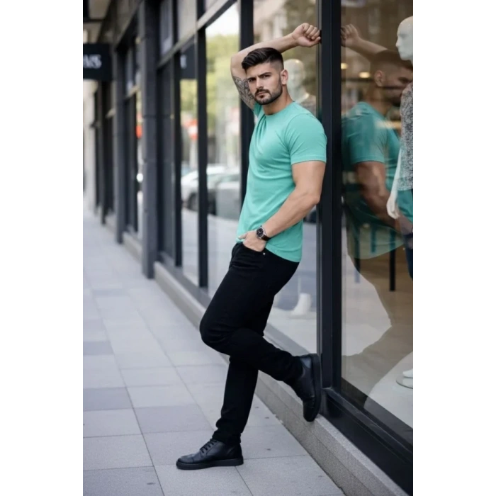 MARSiLYAN- Erkek T-Shirt Bisiklet Yaka Slim Fit Dar Kesim Likralı Tişört Günlük Basic Body - Turkuvaz