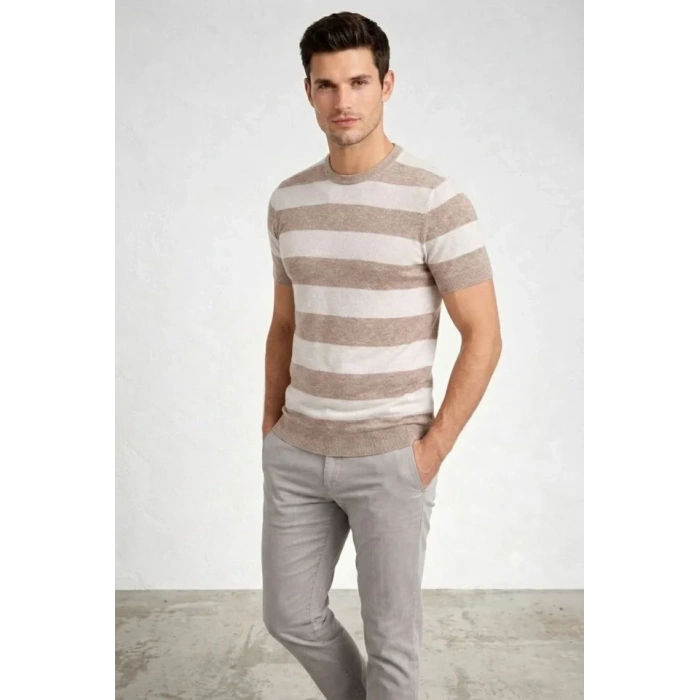 MARSiLYAN- Erkek T-shirt Çizgili Triko Dokuma Bisiklet Yaka Tişört - Bej