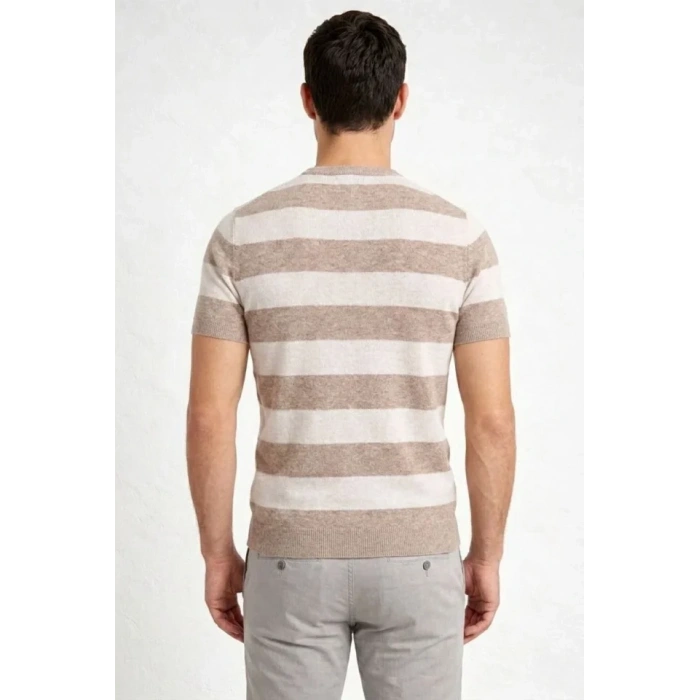 MARSiLYAN- Erkek T-shirt Çizgili Triko Dokuma Bisiklet Yaka Tişört - Bej