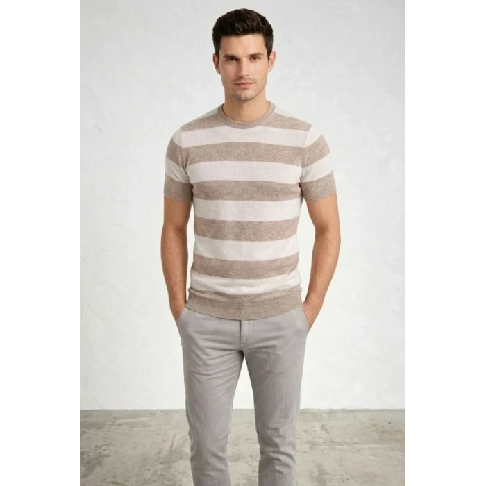 MARSiLYAN- Erkek T-shirt Çizgili Triko Dokuma Bisiklet Yaka Tişört - Bej