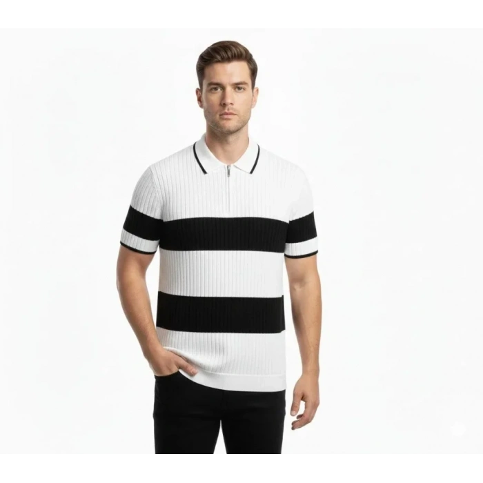 MARSiLYAN- Erkek T-shirt Çizgili Triko Dokuma Kumaş Polo Yaka Yarım Fermuarlı Regular Kalıp Tişört - Beyaz