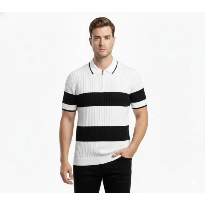 MARSiLYAN- Erkek T-shirt Çizgili Triko Dokuma Kumaş Polo Yaka Yarım Fermuarlı Regular Kalıp Tişört - Beyaz