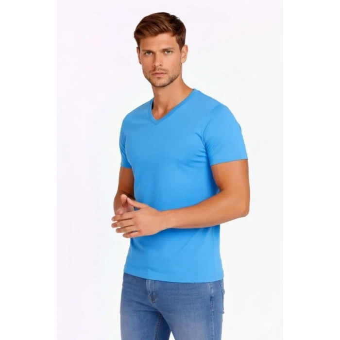 MARSiLYAN- Erkek T-Shirt V Yaka Slim Fit Dar Kesim Likralı Tişört Günlük Basic Body - Açık Mavi