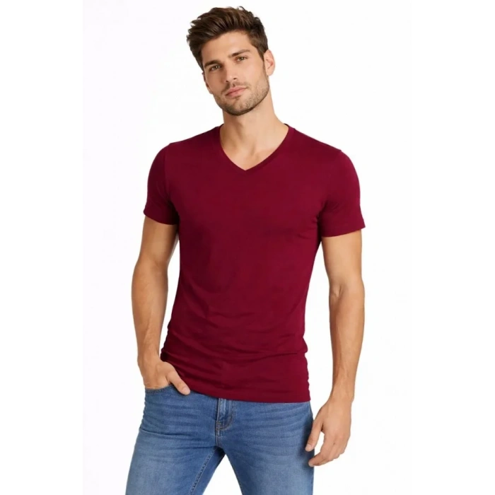 MARSiLYAN- Erkek T-Shirt V Yaka Slim Fit Dar Kesim Likralı Tişört Günlük Basic Body - Bordo