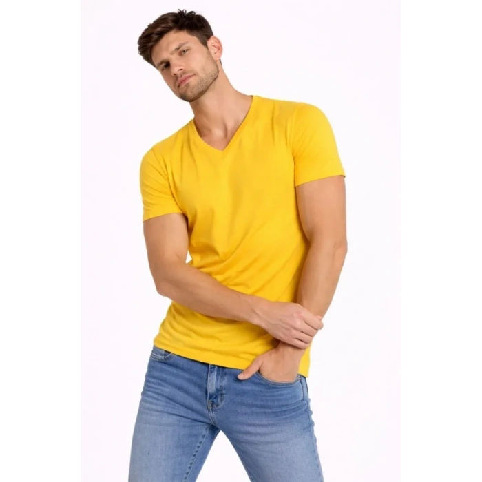 MARSiLYAN- Erkek T-Shirt V Yaka Slim Fit Dar Kesim Likralı Tişört Günlük Basic Body - Limon
