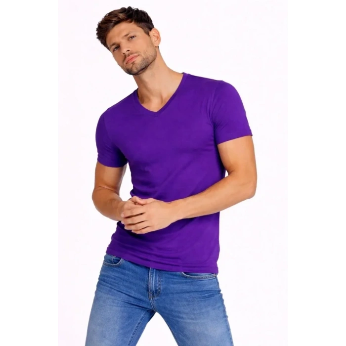 MARSiLYAN- Erkek T-Shirt V Yaka Slim Fit Dar Kesim Likralı Tişört Günlük Basic Body - Mor