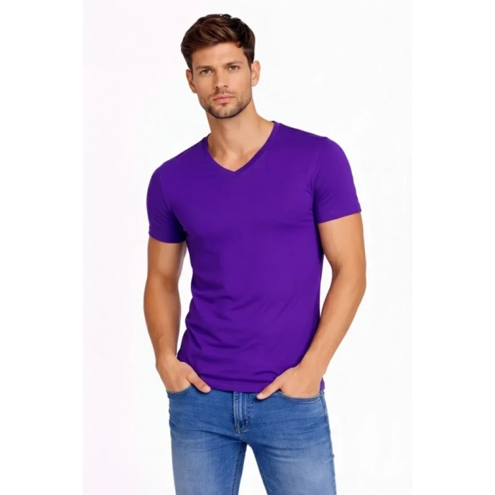 MARSiLYAN- Erkek T-Shirt V Yaka Slim Fit Dar Kesim Likralı Tişört Günlük Basic Body - Mor