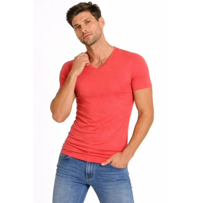 MARSiLYAN- Erkek T-Shirt V Yaka Slim Fit Dar Kesim Likralı Tişört Günlük Basic Body - Nar Çiçeği