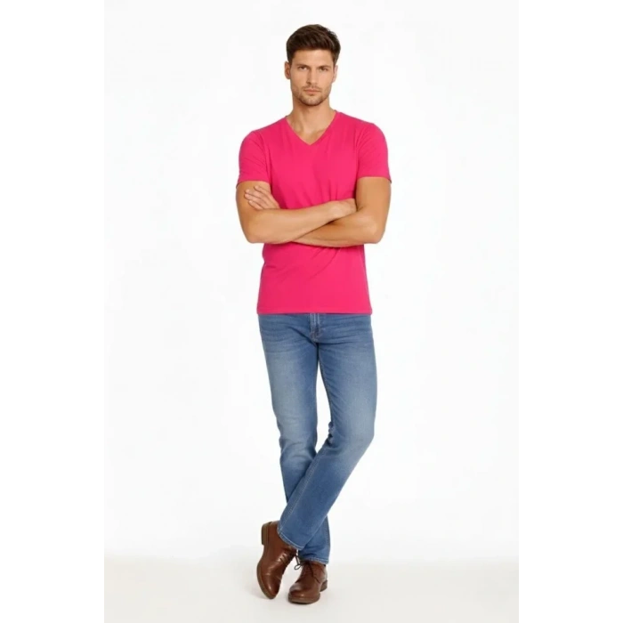 MARSiLYAN- Erkek T-Shirt V Yaka Slim Fit Dar Kesim Likralı Tişört Günlük Basic Body - Pembe