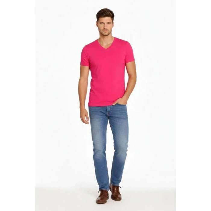 MARSiLYAN- Erkek T-Shirt V Yaka Slim Fit Dar Kesim Likralı Tişört Günlük Basic Body - Pembe