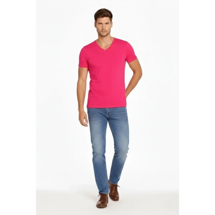 MARSiLYAN- Erkek T-Shirt V Yaka Slim Fit Dar Kesim Likralı Tişört Günlük Basic Body - Pembe