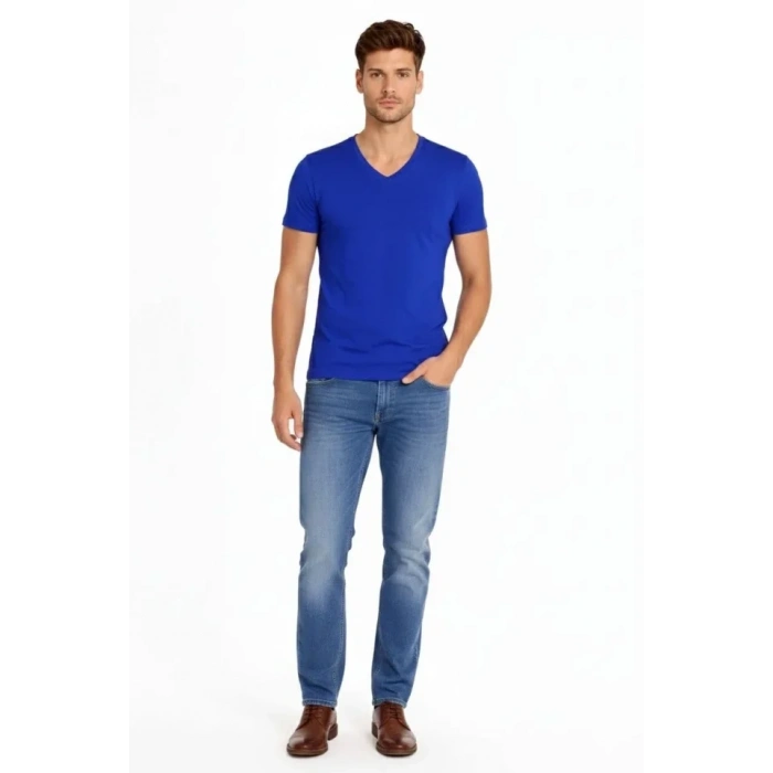 MARSiLYAN- Erkek T-Shirt V Yaka Slim Fit Dar Kesim Likralı Tişört Günlük Basic Body - Saks Mavisi