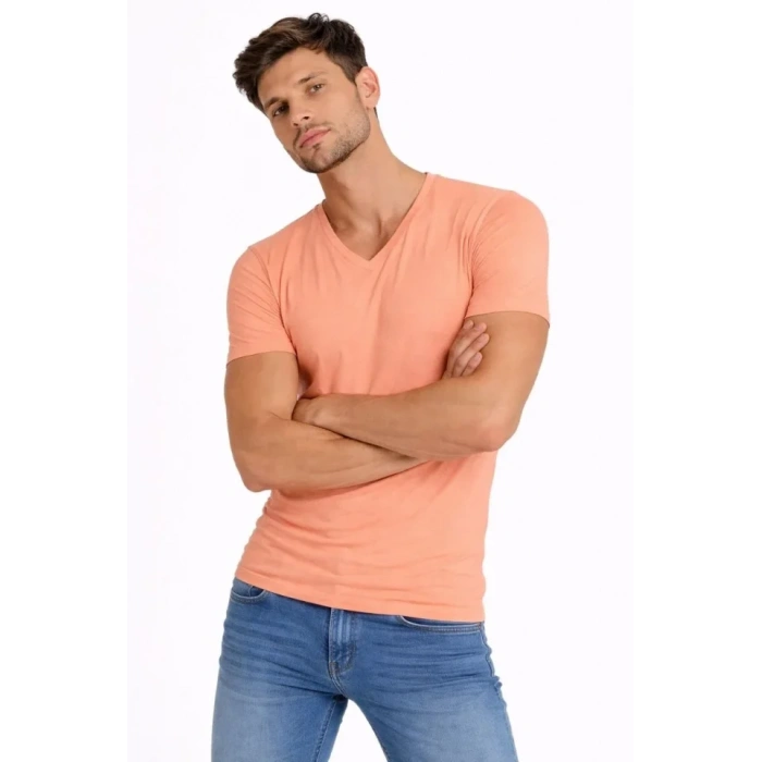 MARSiLYAN- Erkek T-Shirt V Yaka Slim Fit Dar Kesim Likralı Tişört Günlük Basic Body - Toz Pembe