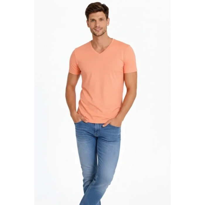 MARSiLYAN- Erkek T-Shirt V Yaka Slim Fit Dar Kesim Likralı Tişört Günlük Basic Body - Toz Pembe