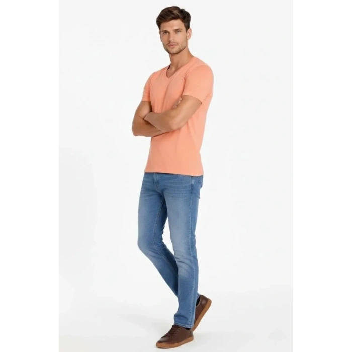 MARSiLYAN- Erkek T-Shirt V Yaka Slim Fit Dar Kesim Likralı Tişört Günlük Basic Body - Toz Pembe