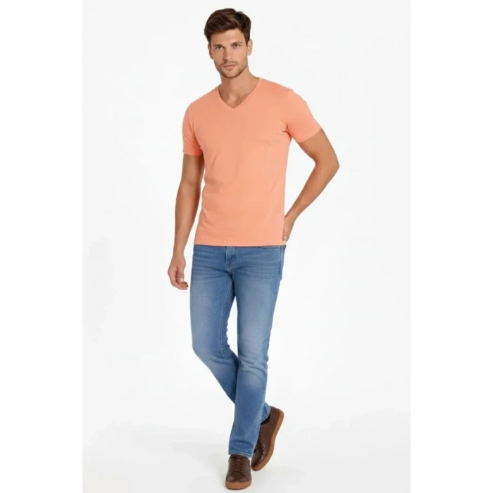 MARSiLYAN- Erkek T-Shirt V Yaka Slim Fit Dar Kesim Likralı Tişört Günlük Basic Body - Toz Pembe