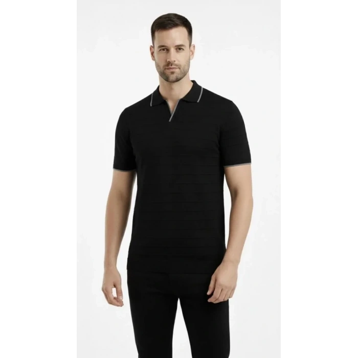 MARSiLYAN- Erkek Triko Kumaş Yakalı Düğmesiz Açık Yaka Fitilli Kısa Kollu Regular Fit Tişört T-shirt - Siyah