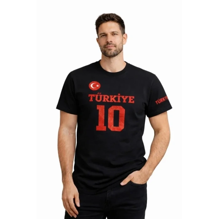 MARSiLYAN- Erkek TÜRKİYE Ay Yıldız Baskılı 10 Numara Forma Tişört Taraftar T-Shirt - Siyah