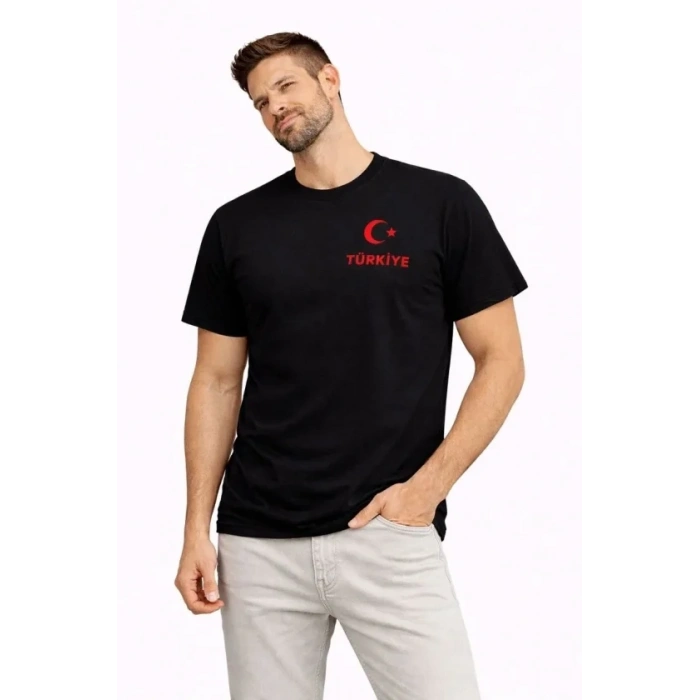 MARSiLYAN- Erkek TÜRKİYE Ay Yıldız Baskılı Taraftar Forma T-Shirt - Siyah