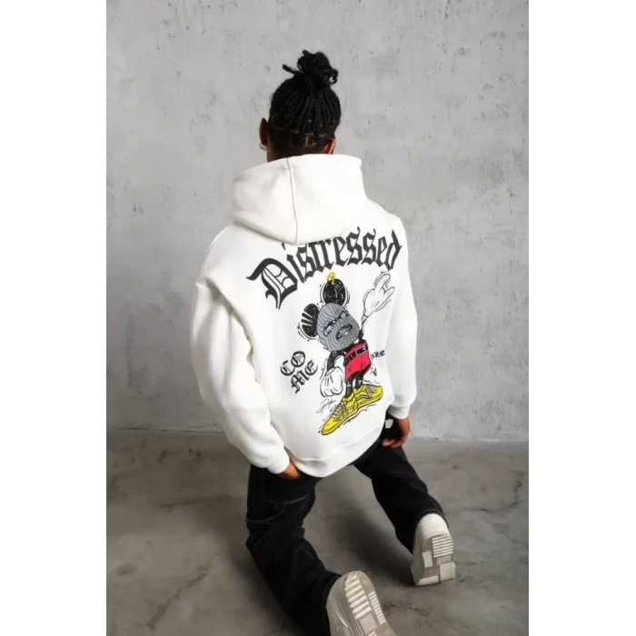 MARSiLYAN- Erkek Üç İplik Baskılı Kapüşonlu  Sweat - Beyaz