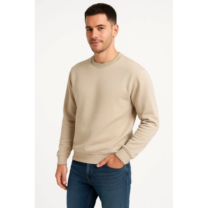 MARSiLYAN- Erkek Üç İplik Düz Bisiklet Yaka SweatShirt - Bej