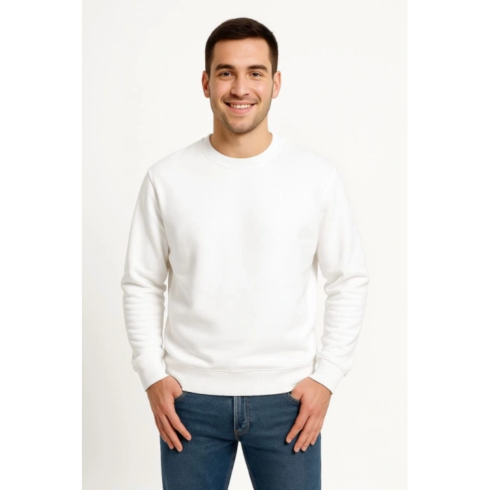 MARSiLYAN- Erkek Üç İplik Düz Bisiklet Yaka SweatShirt - Beyaz