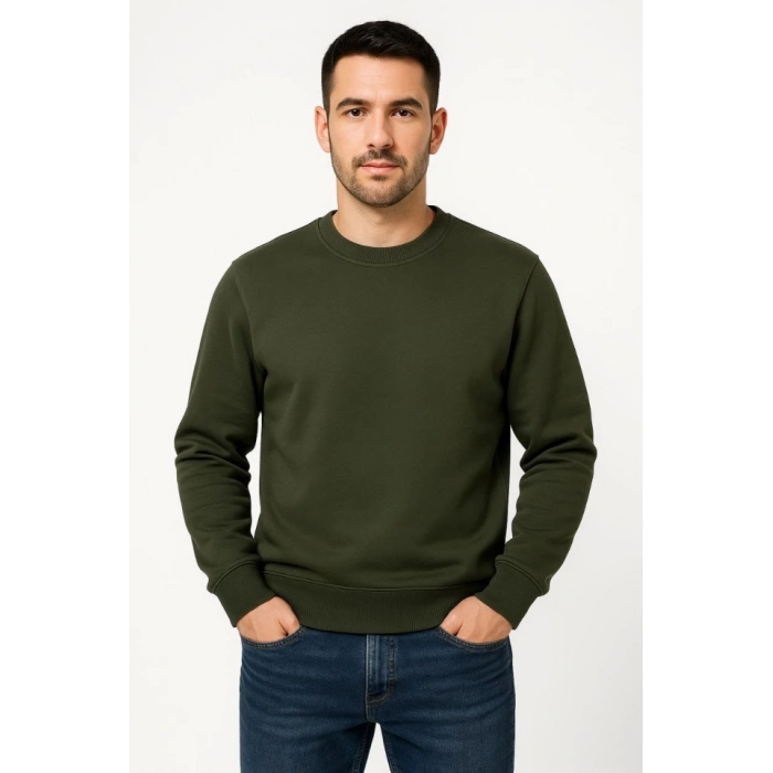 MARSiLYAN- Erkek Üç İplik Düz Bisiklet Yaka SweatShirt - Haki