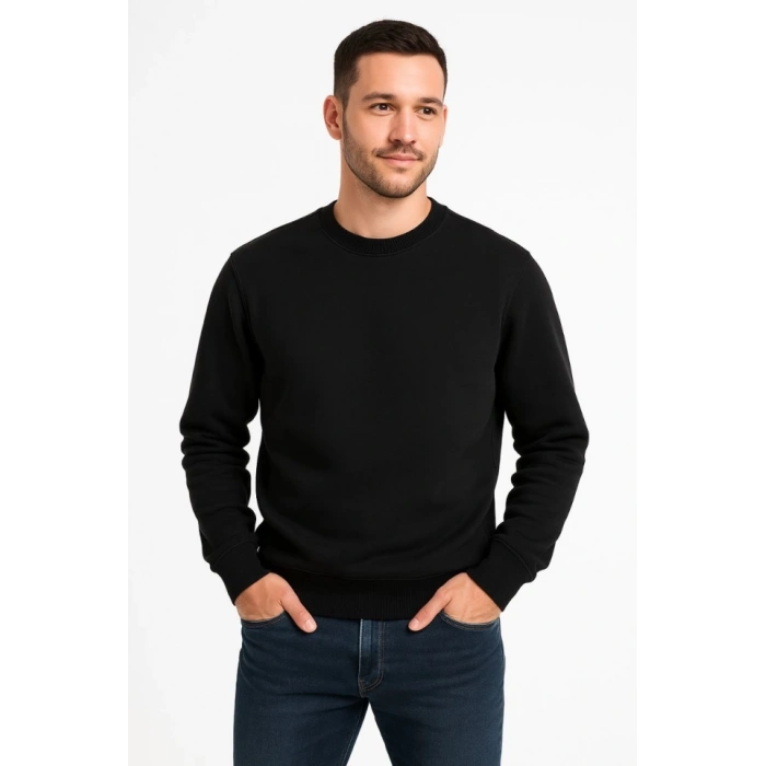 MARSiLYAN- Erkek Üç İplik Düz Bisiklet Yaka SweatShirt - Siyah