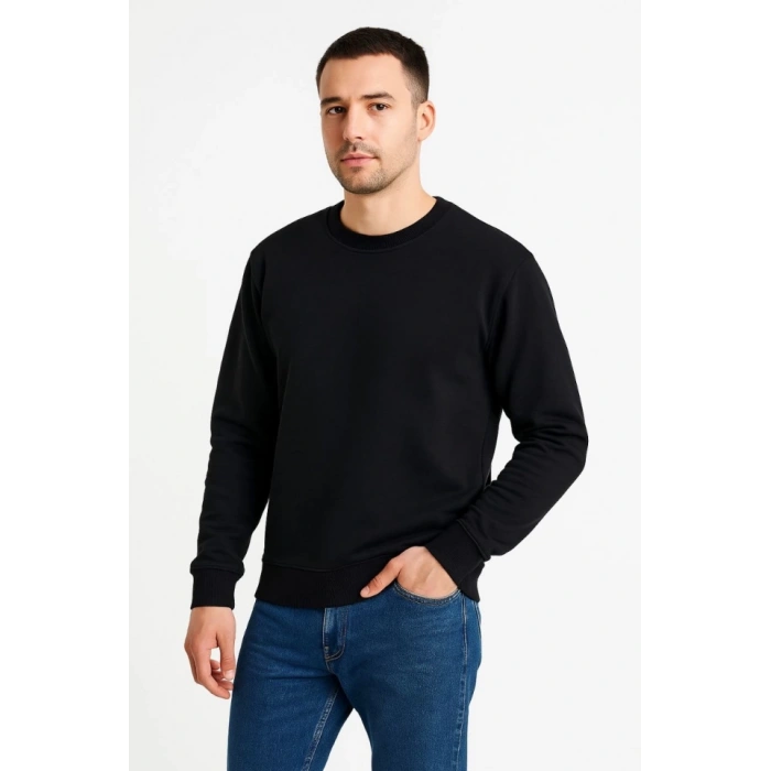 MARSiLYAN- Erkek Üç İplik Düz Bisiklet Yaka SweatShirt - Siyah