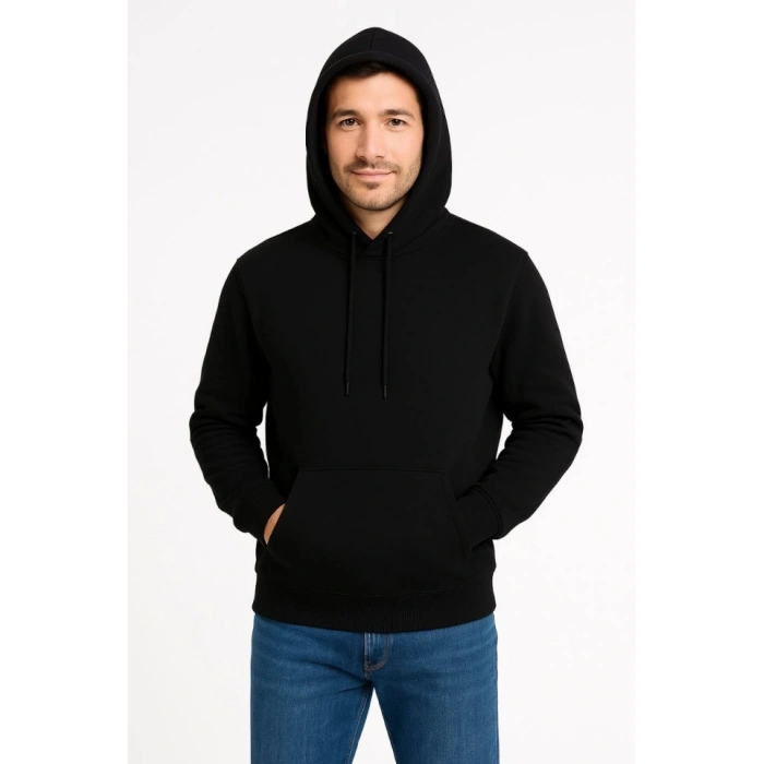 MARSiLYAN- Erkek Üç İplik Kapüşonlu Kanguru Cepli SweatShirt Hoodie - Siyah