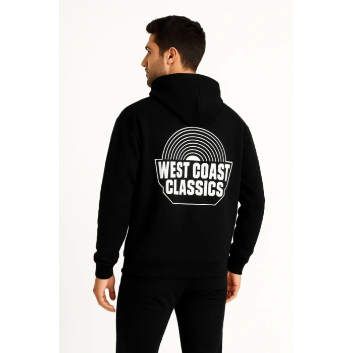 MARSiLYAN- Erkek Üç İplik Kapüşonlu Ön Ve Arka Baskılı SweatShirt Hoodie - Siyah