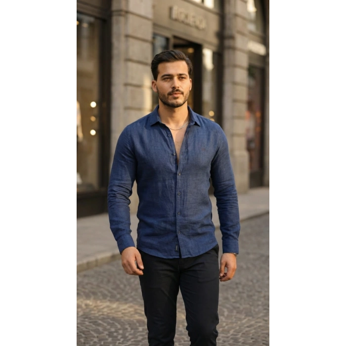 MARSiLYAN- Erkek Uzun Kollu Keten Gömlek