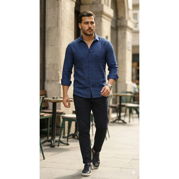 MARSiLYAN- Erkek Uzun Kollu Keten Gömlek