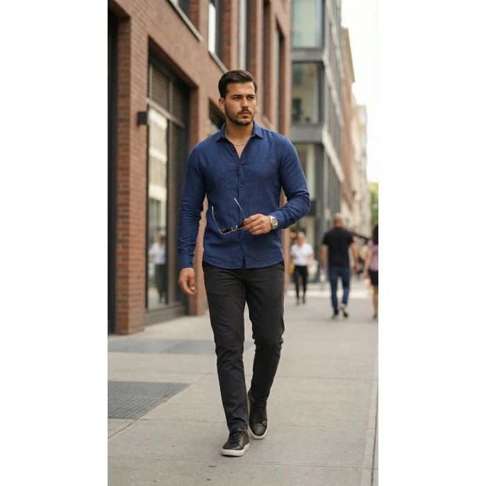 MARSiLYAN- Erkek Uzun Kollu Keten Gömlek