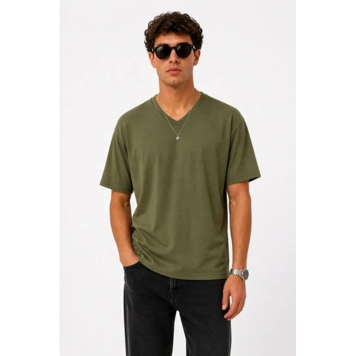 MARSiLYAN- Erkek V Yaka Basic Tişört Kısa Kol Yazlık Regular Fit T-Shirt - Haki