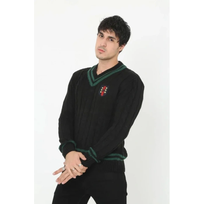 MARSiLYAN- Erkek V Yaka Örgülü Kazak - Siyah