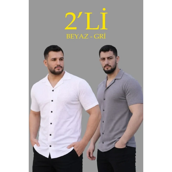 MARSiLYAN- Erkek Waffle Dokuma Açık Yakalı Düğmeli Regular Kalıp 2’li Gömlek Seti - Beyaz - Gri