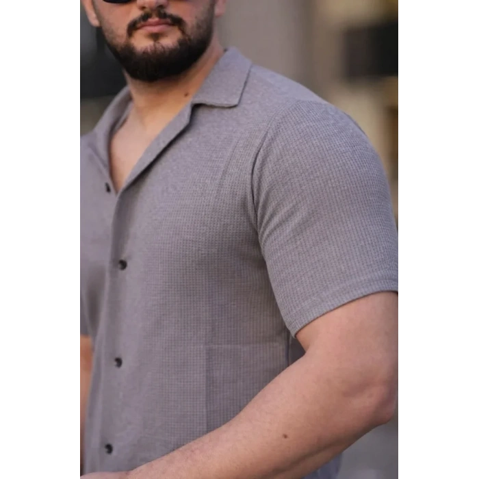 MARSiLYAN- Erkek Waffle Dokuma Açık Yakalı Düğmeli Regular Kalıp 2’li Gömlek Seti - Lacivert - Gri