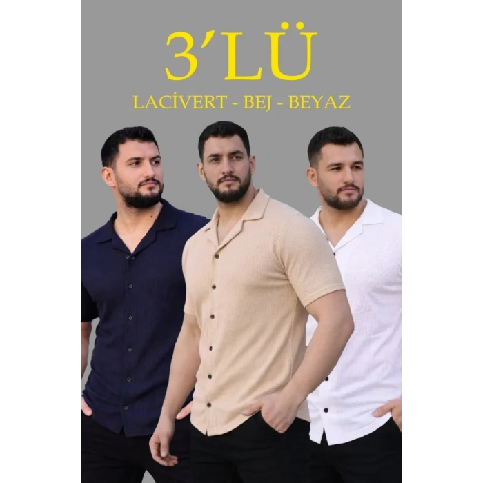 MARSiLYAN- Erkek Waffle Dokuma Açık Yakalı Düğmeli Regular Kalıp 3’lü Gömlek Seti - Bej, Beyaz, Lacivert