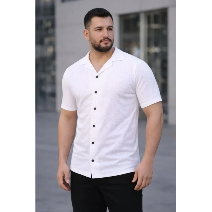 MARSiLYAN- Erkek Waffle Kumaş Kısa Kollu Düğmeli Açık Yaka Regular Fit Gömlek - Beyaz