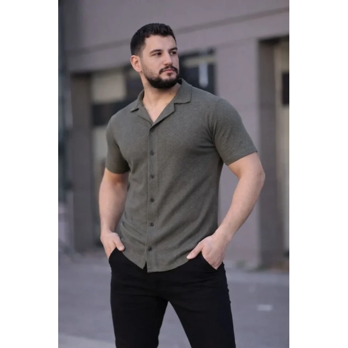 MARSiLYAN- Erkek Waffle Kumaş Kısa Kollu Düğmeli Açık Yaka Regular Fit Gömlek - Haki