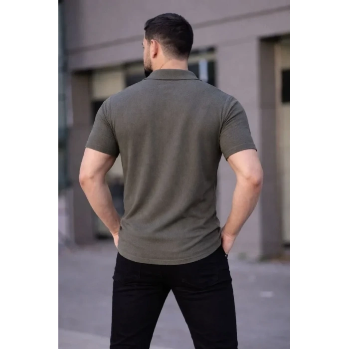 MARSiLYAN- Erkek Waffle Kumaş Kısa Kollu Düğmeli Açık Yaka Regular Fit Gömlek - Haki